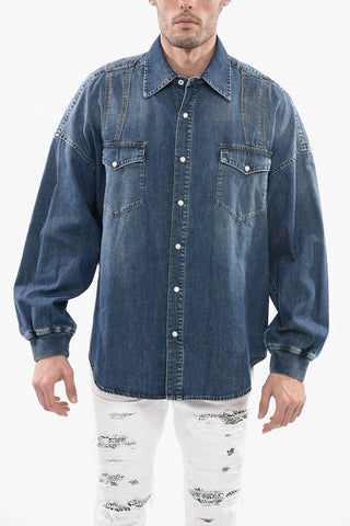 Dark Wash Oversized Denim Shirt with Elastic Cuffs