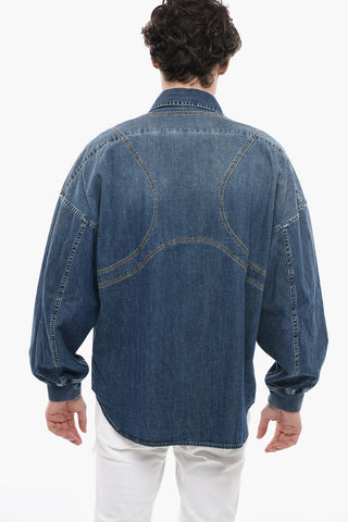 Dark Wash Oversized Denim Shirt with Elastic Cuffs