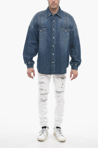 Dark Wash Oversized Denim Shirt with Elastic Cuffs