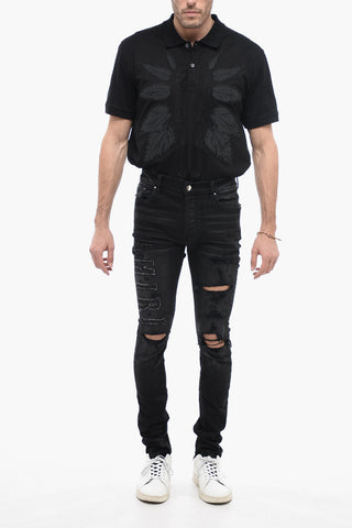 Jeans Distressed a Lavaggio Scuro con Logo a Toppa 14cm