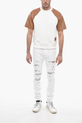 Crew-Neck Sweatshirt with Leather Sleeve