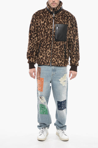 Animal Motif Fleeced Jacket with Leather Details