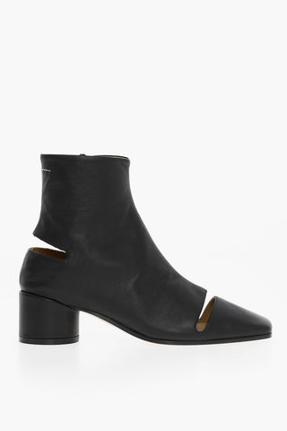 MM6 Square Toe Leather Ankle Boots with Cut-Out Details Heel 5cm