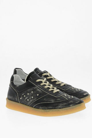 MM6 Acid Wash Effect Leather Low Top Sneakers with Studs