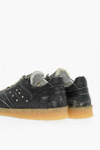 MM6 Acid Wash Effect Leather Low Top Sneakers with Studs