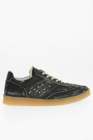 MM6 Acid Wash Effect Leather Low Top Sneakers with Studs