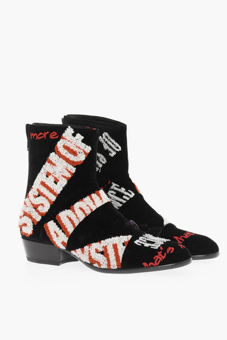 MM22 Embroidered Velvet Ankle Boots with Zip Closure