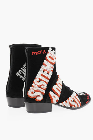 MM22 Embroidered Velvet Ankle Boots with Zip Closure