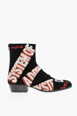 MM22 Embroidered Velvet Ankle Boots with Zip Closure