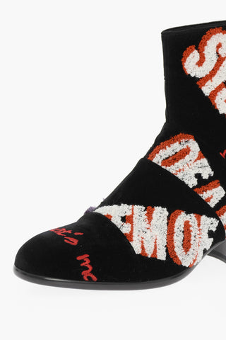 MM22 Embroidered Velvet Ankle Boots with Zip Closure