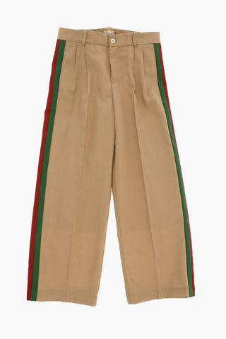 Contrast Side Bands Wool Double Pleat Pants