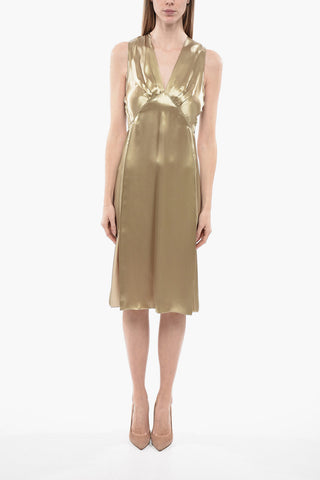 Abito Arricciato in Satin con Collo a V