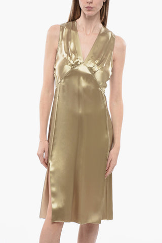 Abito Arricciato in Satin con Collo a V