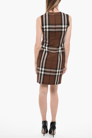 Sleeveless Midi Sheath Dress with Tartan Motif