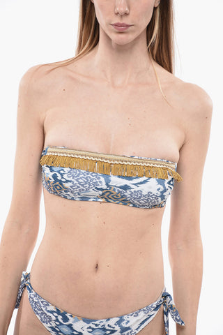 Patterned Bandeau Bikini Top with Fringes