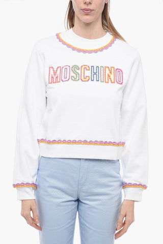 COUTURE! Crew Neck Cotton Sweatshirt with Crochet Embroideries