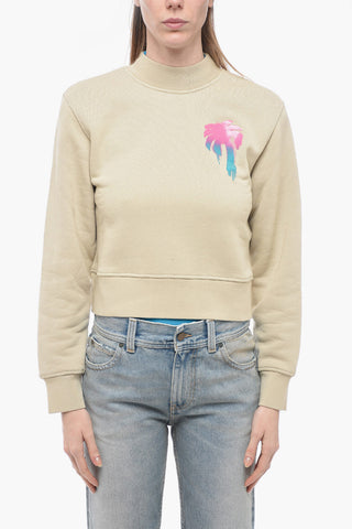 Brushed Cotton Printed Cropped Crewneck Sweatshirt