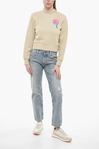 Brushed Cotton Printed Cropped Crewneck Sweatshirt