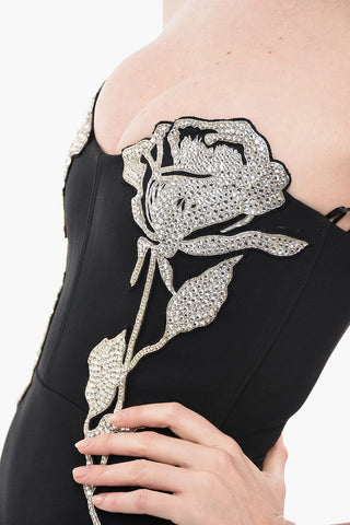 Vestito Midi Strapless con Abbellimeto da Strass e Maxi Spacco Laterale