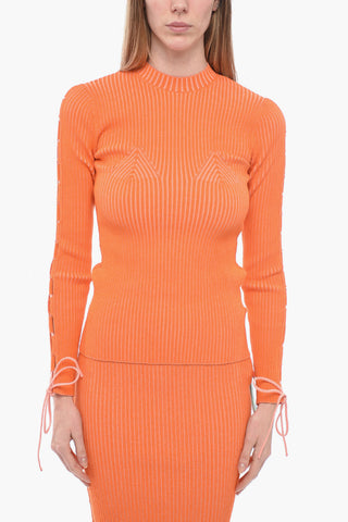 Ribbed VANISE Sweater With Lace Up Detail