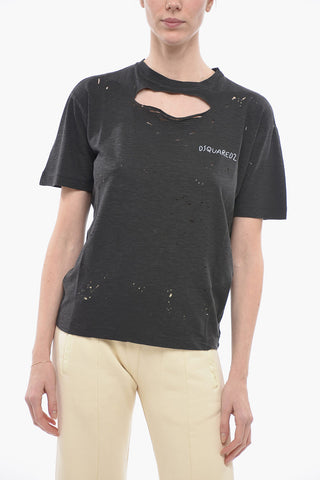 T-Shirt Destroyed in Misto Cotone con Logo Stampato