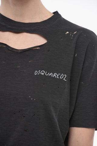 T-Shirt Destroyed in Misto Cotone con Logo Stampato