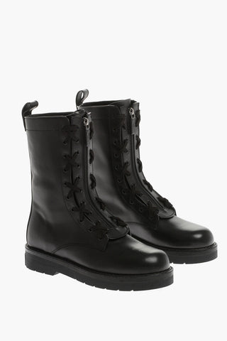 Zipped Leather Combat Boots With Lace Up Details