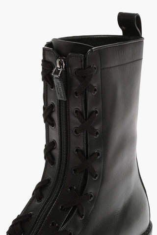 Zipped Leather Combat Boots With Lace Up Details