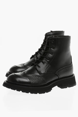 Leather Combat Boots With Brogues Detail