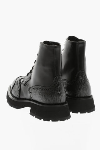 Leather Combat Boots With Brogues Detail