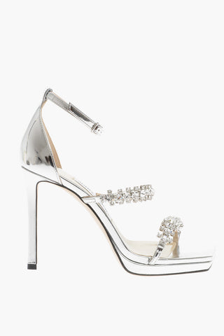 Metallic Leather BING Ankle-Strap Sandals Embellished with Crystals Heel 10.5cm