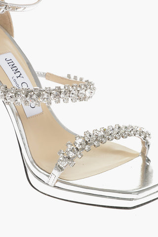 Metallic Leather BING Ankle-Strap Sandals Embellished with Crystals Heel 10.5cm