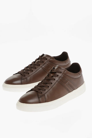 Solid Color Leather Low-Top Sneakers with Contrasting Sole