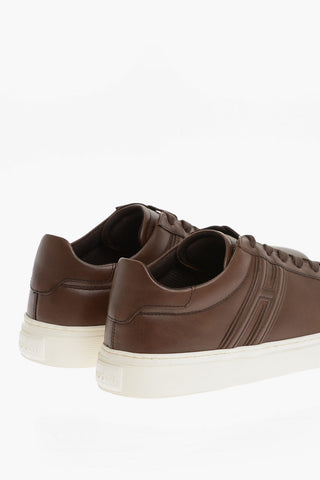 Solid Color Leather Low-Top Sneakers with Contrasting Sole