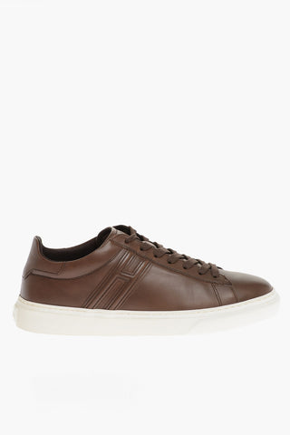Solid Color Leather Low-Top Sneakers with Contrasting Sole