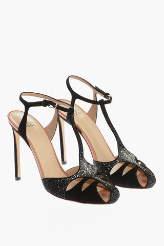 Suede T-Strap Sandals Embellished with Rhinestones