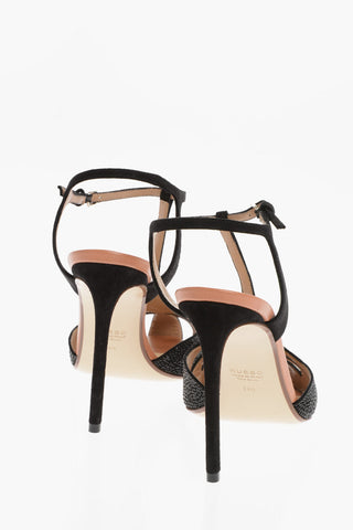 Suede T-Strap Sandals Embellished with Rhinestones