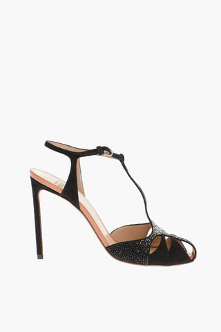 Suede T-Strap Sandals Embellished with Rhinestones