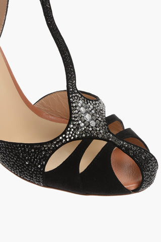 Suede T-Strap Sandals Embellished with Rhinestones