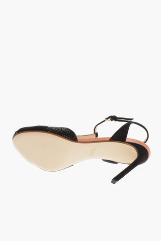 Suede T-Strap Sandals Embellished with Rhinestones