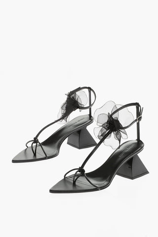 Point Toe Soft Leather T-Strap Sandals with Flower Application Heel 7cm