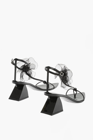 Point Toe Soft Leather T-Strap Sandals with Flower Application Heel 7cm