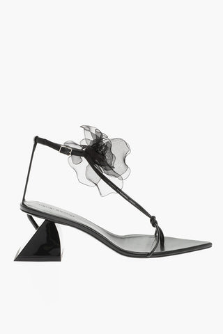Point Toe Soft Leather T-Strap Sandals with Flower Application Heel 7cm