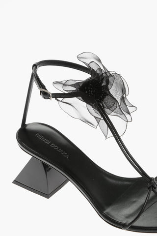 Point Toe Soft Leather T-Strap Sandals with Flower Application Heel 7cm
