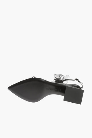 Point Toe Soft Leather T-Strap Sandals with Flower Application Heel 7cm