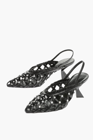 Rhinestone Embellished Soft Leather Slingback Pumps with Spool Heel 7cm