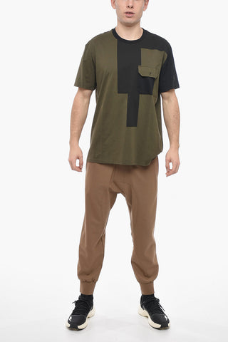 Crew Neck ABSTRACT Color Block T-Shirt with Breast-pocket