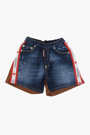Shorts In Denim con Bande Laterali a Contrasto