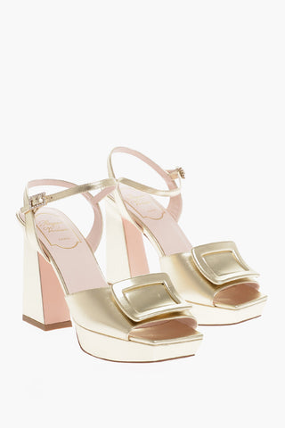 Square Toe Metallic Leather Ankle-Strap Sandals Heel 10cm