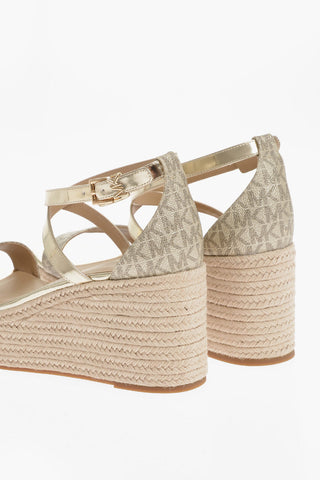 MICHAEL Textured Leather SERENA Ankle Strap Sandals with Raffia Wedge 8,5cm